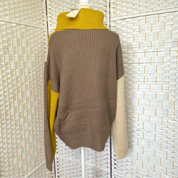 NWT Hem & Thread Turtle Neck Colorblock Cable Knit Jacquard Sweater Mustard Khak - Picture 6 of 13